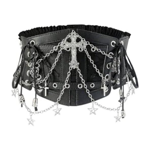 Faux Leather Corset Belt with Chain Cross Lace Up Elastic Waist main image 6